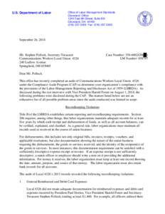 U.S. Department of Labor  Office of Labor-Management Standards Cleveland Office 1240 East 9th Street, Suite 831 Cleveland, OH 44199