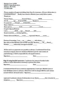 Michele Lane LCSW 6300 W. Loop South #215 Bellaire, TX3256 Please complete all pages including claim form for insurance. All your information is CONFIDENTIAL!!! Kindly have check to Michele Lane ready befo