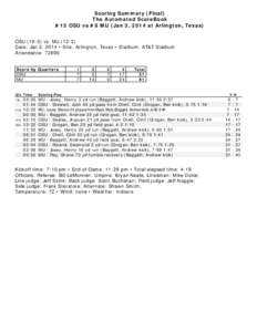 Scoring Summary (Final) The Automated ScoreBook #13 OSU vs #8 MU (Jan 3, 2014 at Arlington, Texas) OSUvs. MUDate: Jan 3, 2014 • Site: Arlington, Texas • Stadium: AT&T Stadium
