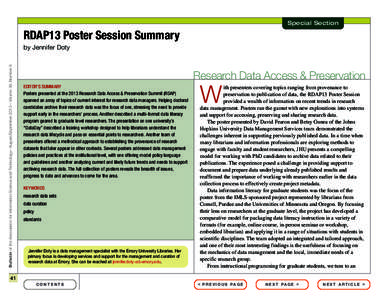 Special Section  RDAP13 Poster Session Summary Bulletin of the Association for Information Science and Technology – August/September 2013 – Volume 39, Number 6  by Jennifer Doty