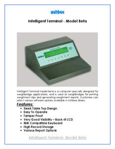 Intelligent Terminal - Model Beta  Intelligent Terminal model Beta is a computer specially designed for weighbridge applications, and is used at weighbridges for printing weighment slips and generating weighment reports.