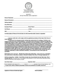 Town of South Bethany 402 Evergreen Road South Bethany, DE30-Day Mercantile License Application