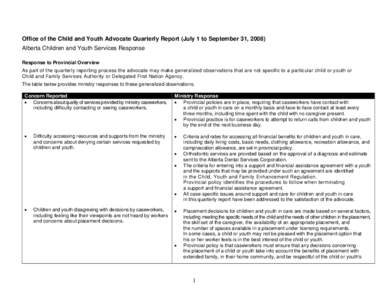 Office of the Child and Youth Advocate Quarterly Report (July 1 to September 31, 2008) Alberta Children and Youth Services Response Response to Provincial Overview As part of the quarterly reporting process the advocate 