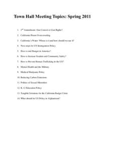 Town Hall Meeting Topics: Spring2nd Amendment: Gun Control or Gun Rights? 2. California Prison Overcrowding 3. California’s Water: Whose is it and how should we use it? 4. Next steps for US Immigration Policy 