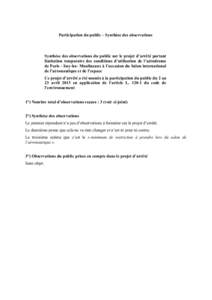 Participation du public – Synthèse des observations  Synthèse des observations du public sur le projet d’arrêté portant limitation temporaire des conditions d’utilisation de l’aérodrome de Paris - Issy-les- 