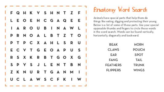 Anatomy Word Search Animals have special parts that help them do things like eating, digging and protecting their young. Below is a list of some of these parts. Use your special opposable thumbs and fingers to circle the