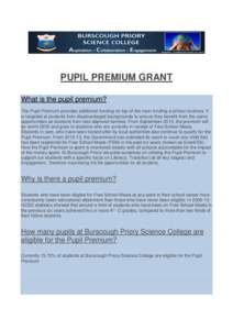 PUPIL PREMIUM GRANT What is the pupil premium? The Pupil Premium provides additional funding on top of the main funding a school receives. It is targeted at students from disadvantaged backgrounds to ensure they benefit 