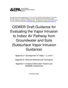This document contains Appendices D-F from the EPA “OSWER Draft Guidance for Evaluating the Vapor Intrusion to Indoor Air Pathway from Groundwater and Soils (Subsurface Vapor Intrusion Guidance),” published in Novemb