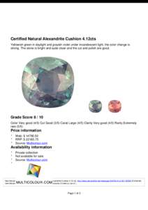Certified Natural Alexandrite Cushion 4.12cts Yellowish green in daylight and grayish violet under incandescent light, the color change is strong. The stone is bright and quite clean and the cut and polish are good. Grad