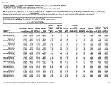 Appendix B- 1  SUMMARY REPORT - ADJUSTED 2010 CENSUS POPULATION COUNTS by existing 2002 LEGISLATIVE DISTRICT (As Ordered by the Court of Appeals June 21, 2002 (Amended July 1, [removed]TOTAL POPULATION by SINGLE RACE ALON