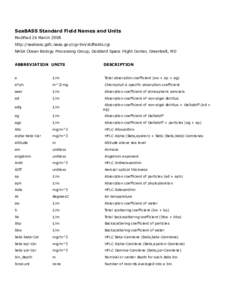 SeaBASS Standard Field Names and Units Modified 26 March 2008 http://seabass.gsfc.nasa.gov/cgi-bin/stdfields.cgi NASA Ocean Biology Processing Group, Goddard Space Flight Center, Greenbelt, MD ABBREVIATION UNITS