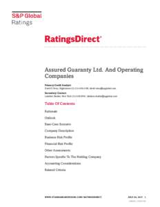 Assured Guaranty Ltd. And Operating Companies Primary Credit Analyst: David S Veno, Hightstown;  Secondary Contact: Lakshmi Shalini, New York; lakshmi.shalini@spglobal