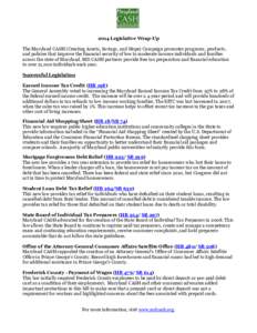 2014 Legislative Wrap-Up The Maryland CASH (Creating Assets, Savings, and Hope) Campaign promotes programs, products, and policies that improve the financial security of low to moderate income individuals and families ac