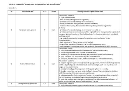 Specialty:  “Management of Organizations and Administration” Semester 1. № Course unit title