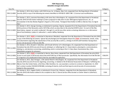 FOIA Request Log[removed]through[removed]Case No. Subject On October 3, 2011, Rose Santos, with FOIA Group, Inc. in Depew, New York, requested from the Department of Homeland