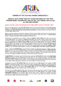 ARIA Music Awards / Angus & Julia Stone / Kasey Chambers / Wayne Connolly / Powderfinger / Dan Sultan / John Butler Trio / Silverchair / Stan Walker / Popular music / Performing arts in Australia / States and territories of Australia