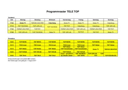 Programmraster TELE TOP Vorabend Zeit Montag