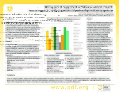 Driving	pa*ent	engagement	in	Parkinson’s	clinical	research: lessons	learned	in	developing	successful	partnerships	with	study	sponsors	 Karlin	Schroeder,	David	Blomquist,	Megan	Feeney,	and	Veronica	Todaro	 Parkinson’s