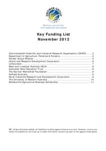 Key Funding List November 2012 Commonwealth Scientific and Industrial Research Organisation (CSIRO[removed]Department of Agriculture, Fisheries & Forestry ..........................................2 Grower Group Allian