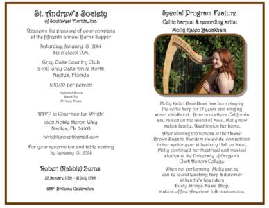 St. Andrew’s Society of Southwest Florida, Inc. Requests the pleasure of your company at the fifteenth annual Burns Supper