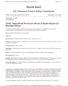 Brake Rotors On Mountain Bikes Recalled by Specialized  Page 1 of2 Recall Alert u.s. Consumer Product Safety Commission