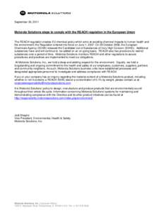 Motorola / Registration /  Evaluation /  Authorisation and Restriction of Chemicals / Substance of very high concern / Health / Technology / Science / Schaumburg /  Illinois / Toxicology / Motorola Solutions