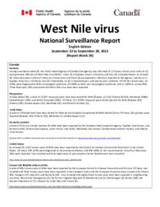 West Nile virus - National Surveillance Report, September 22 to September 28, 2013