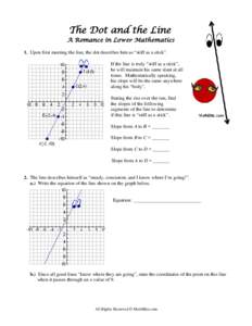 The Dot and the Line  A Romance in Lower Mathematics 1. Upon first meeting the line, the dot describes him as “stiff as a stick”. If the line is truly “stiff as a stick”, he will maintain his same slant at all