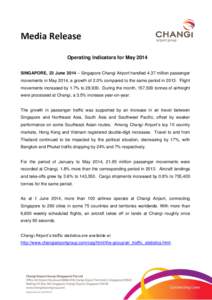 Media Release Operating Indicators for May 2014 SINGAPORE, 23 June 2014 – Singapore Changi Airport handled 4.37 million passenger movements in May 2014, a growth of 2.0% compared to the same period in[removed]Flight move