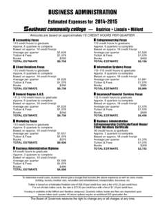 BUSINESS ADMINISTRATION Estimated Expenses for[removed] — Beatrice • Lincoln • Milford Amounts are based on approximately 18 CREDIT HOURS PER QUARTER. Accounting Focus 113 credit hours to graduate