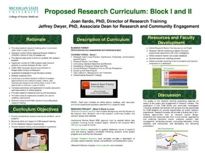 Proposed Research Curriculum: Block I and II Joan Ilardo, PhD, Director of Research Training Jeffrey Dwyer, PhD, Associate Dean for Research and Community Engagement Rationale Provides practical research training early i