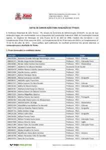 PREFEITURA MUNICIPAL DE JOÃO PESSOA – PB CONCURSO PÚBLICO – PEB-JP. EDITAL N° 01, DE 11 DE NOVEMBRO DE 2013 EDITAL DE CONVOCAÇÃO PARA AVALIAÇÃO DE TÍTULOS A Prefeitura Municipal de João Pessoa - PB, através