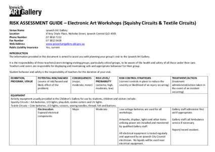 RISK ASSESSMENT GUIDE – Electronic Art Workshops (Squishy Circuits & Textile Circuits) Venue Name Location Phone Number Fax Number Web Address