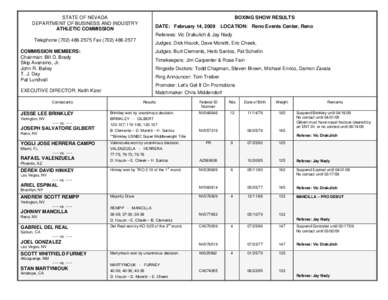 STATE OF NEVADA DEPARTMENT OF BUSINESS AND INDUSTRY ATHLETIC COMMISSION BOXING SHOW RESULTS DATE: February 14, 2009