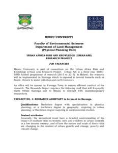 MZUZU UNIVERSITY Faculty of Environmental Sciences Department of Land Management (Physical Planning Unit) URBAN AFRICA-RISK AND KNOWLEDGE (URBAN-ARK) RESEARCH PROJECT