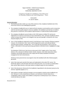 Region 10/THEO – TEXSHEP Grant Recipients Pre-Conference Session Wednesday, September 26, 2012 Compliance Handbook for McKinney-Vento Education for Homeless Children and Youth Subgrantees – Texas HIGHLIGHTS
