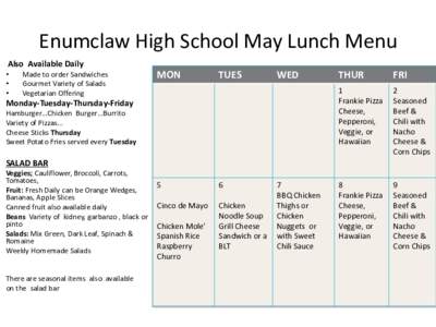 Enumclaw High School May Lunch Menu Also Available Daily • • •