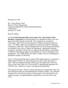 December 29, 2005 Ms. Yvonne Bolton, Chief Bureau of Water Management Connecticut Department of Environmental Protection 79 Elm Street Hartford, CT 06106