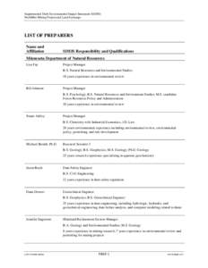 Supplemental Draft Environmental Impact Statement (SDEIS) NorthMet Mining Project and Land Exchange LIST OF PREPARERS Name and Affiliation