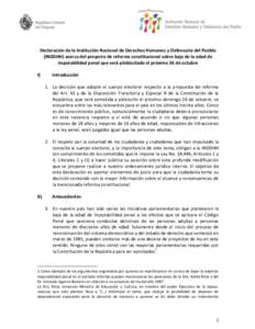 Declaración de la Institución Nacional de Derechos Humanos y Defensoría del Pueblo (INDDHH) acerca del proyecto de reforma constitucional sobre baja de la edad de imputabilidad penal que será plebiscitado el próximo