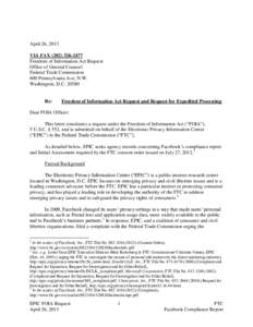 April 26, 2013 VIA FAX[removed]Freedom of Information Act Request Office of General Counsel Federal Trade Commission 600 Pennsylvania Ave, N.W.