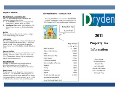 Payment Methods Pre-Authorized Tax Payment Plan The City of Dryden offers two convenient preauthorized payment plan options: 1. 11 month Plan: annual taxes owing are withdrawn over 11 months, from Jan to Nov. 2. Installm