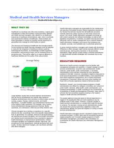 Information provided by StudentScholarships.org  ____________________________________________________________________________________ Medical and Health Services Managers Career Profiles provided by StudentScholarships.o