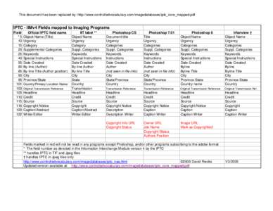 This document has been replaced by: http://www.controlledvocabulary.com/imagedatabases/iptc_core_mapped.pdf  IPTC - IIMv4 Fields mapped to Imaging Programs Field *5 10