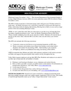 ADEQ Issues a High Pollution Advisory (HPA) for Particulate Matter (PM10) for the Phoenix Metro Area for Friday, November 4, 2011