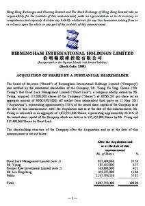 Hong Kong Exchanges and Clearing Limited and The Stock Exchange of Hong Kong Limited take no responsibility for the contents of this announcement, make no representation as to its accuracy or completeness and expressly disclaim any liability whatsoever for any loss howsoever arising from or