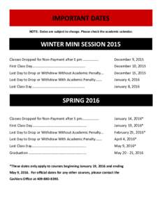 NOTE: Dates are subject to change. Please check the academic calendar.  WINTER MINI SESSION 2015 Classes Dropped for Non-Payment after 5 pm ……………..  December 9, 2015