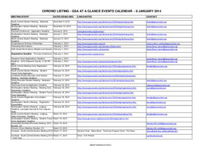 CHRONO LISTING - GSA AT A GLANCE EVENTS CALENDAR - 8 JANUARY 2014 MEETING/EVENT DATES/DEADLINES  LINKS/NOTES