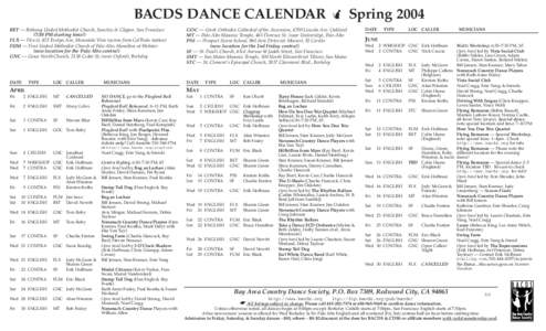 BACDS DANCE CALENDAR  Spring 2004 BET — Bethany United Methodist Church, Sanchez & Clipper, San Francisco (7:30 PM starting time!) FLX — Flex-it, 425 Evelyn Ave, Mountain View (across from CalTrain station) FUM — 