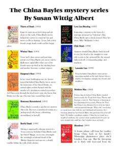 Literature / Crime fiction / American literature / Stratemeyer Syndicate / Susan Wittig Albert / China Bayles